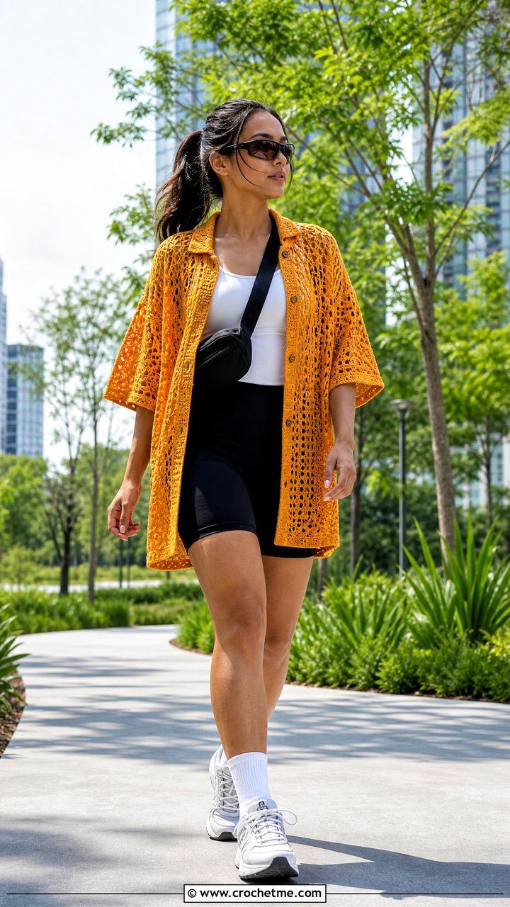 Oversized Openwork Crochet Button Up Shirt With Bike Shorts - 35 crochet button up shirt outfit ideas