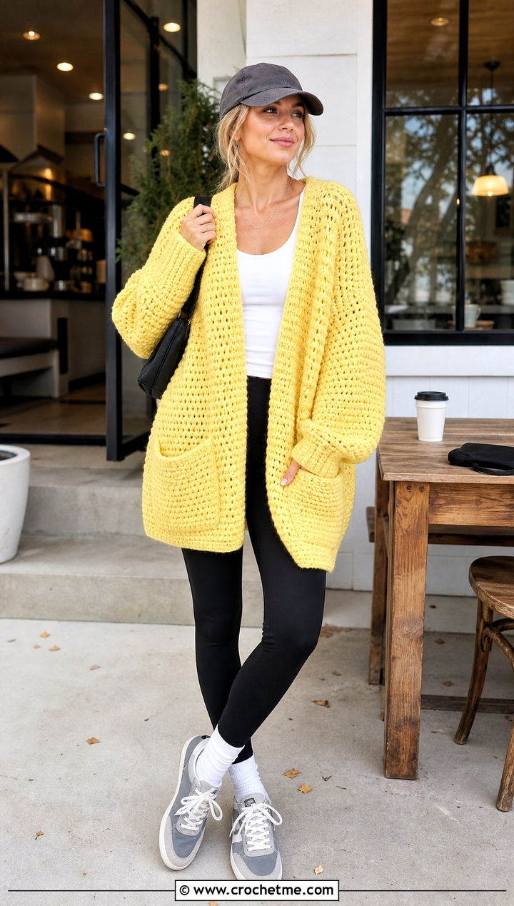 Oversized Patch Pocket Crochet Sweater With Leggings - 25 crochet sweater with pockets outfit ideas