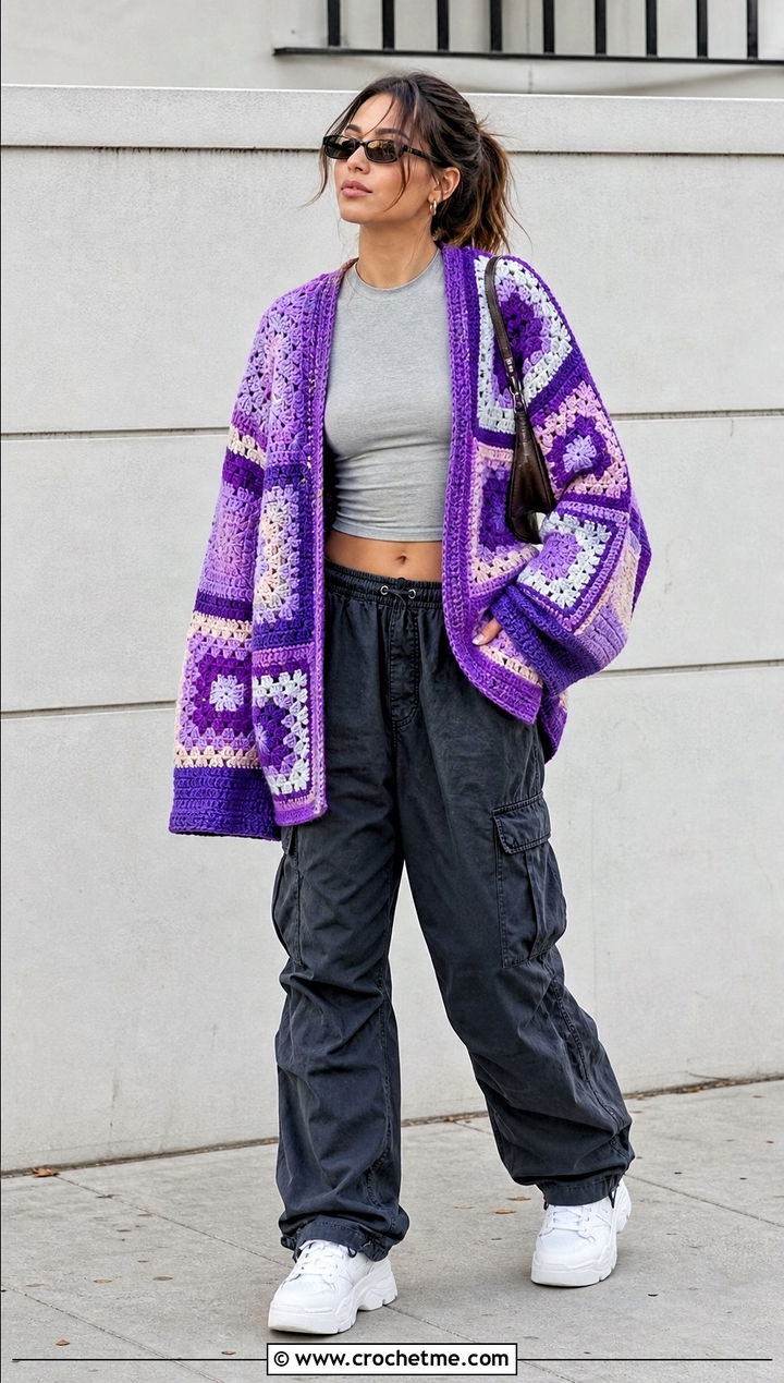Oversized Patchwork Afghan Cardigan With Cargo Pants - 15 crochet granny square afghan style coat cardigan outfit ideas