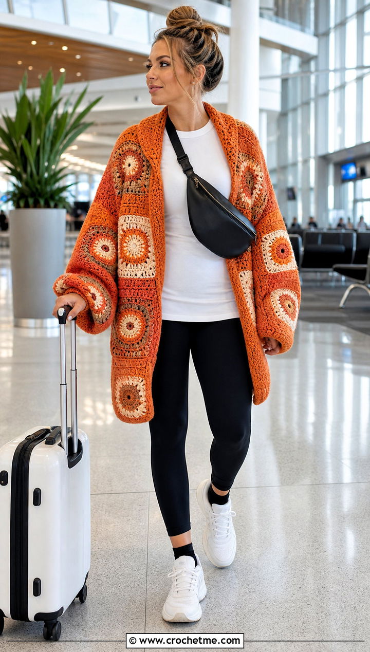 Oversized Patchwork Cardigan With Leggings - 30 crochet patch work cardigan outfit ideas