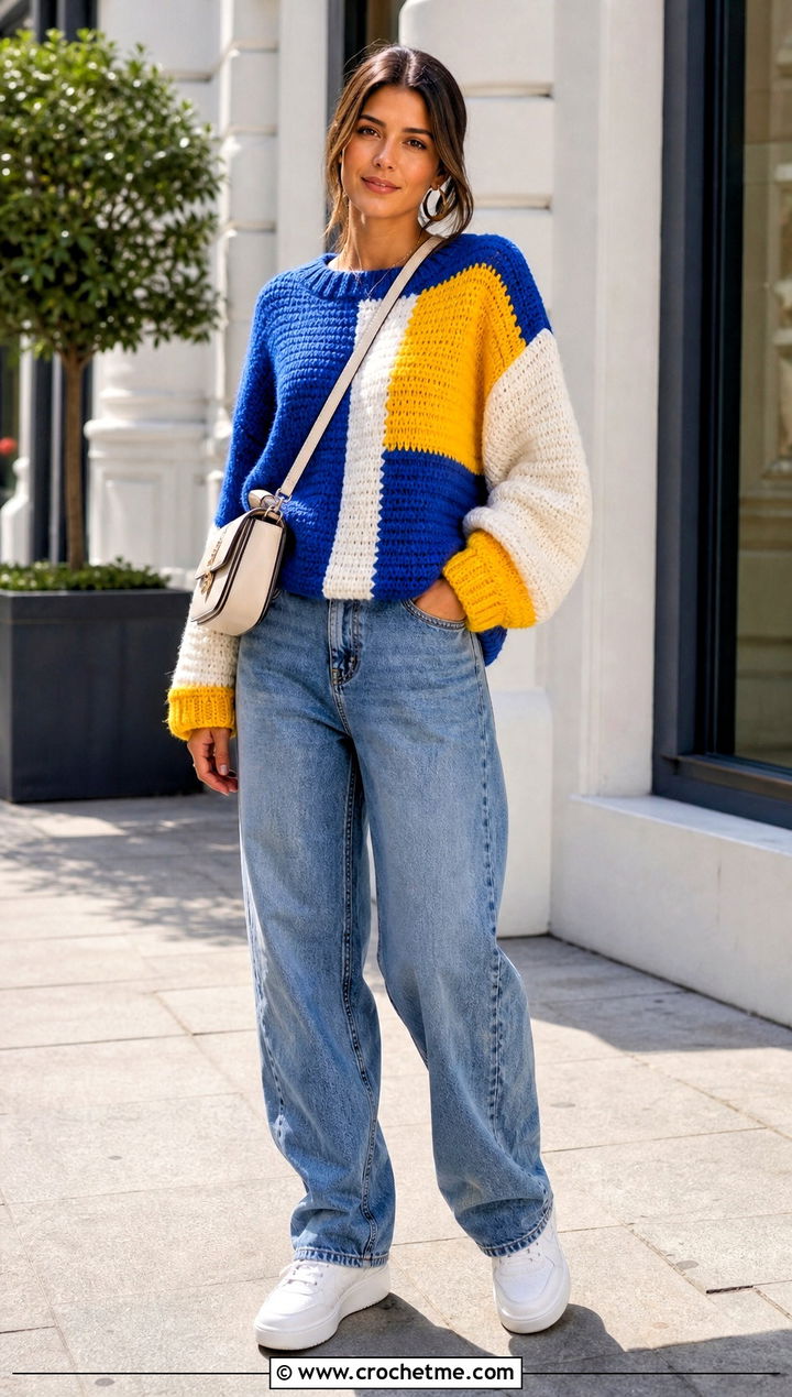 Oversized Patchwork Colourblock Crochet Sweater With Barrel Jeans - 15 Colourblock Crochet Sweater outfit ideas