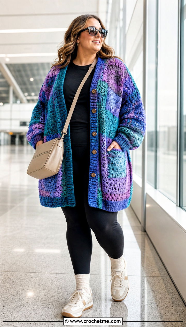 Oversized Patchwork Crochet Button Down Cardigan With Leggings - 25 crochet button down cardigan outfit ideas