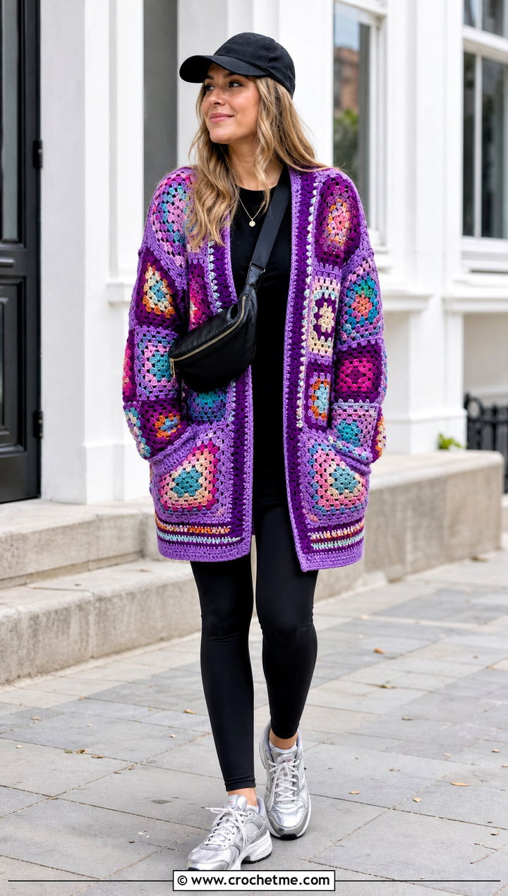 Oversized Patchwork Crochet Cardigan With Black Leggings - 25 Simple Crochet Cardigan For Women outfit ideas