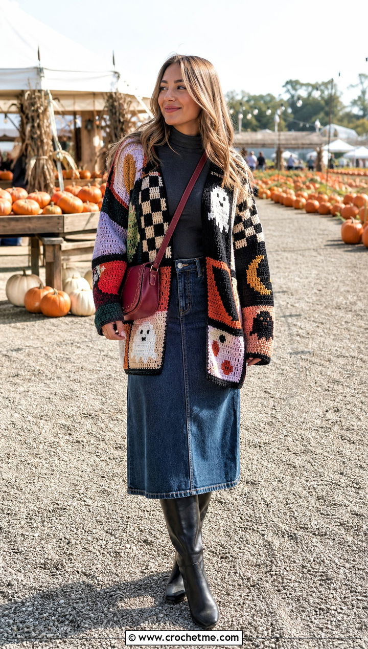 Oversized Patchwork Crochet Cardigan With Denim Skirt - 25 halloween crochet cardigan outfit ideas