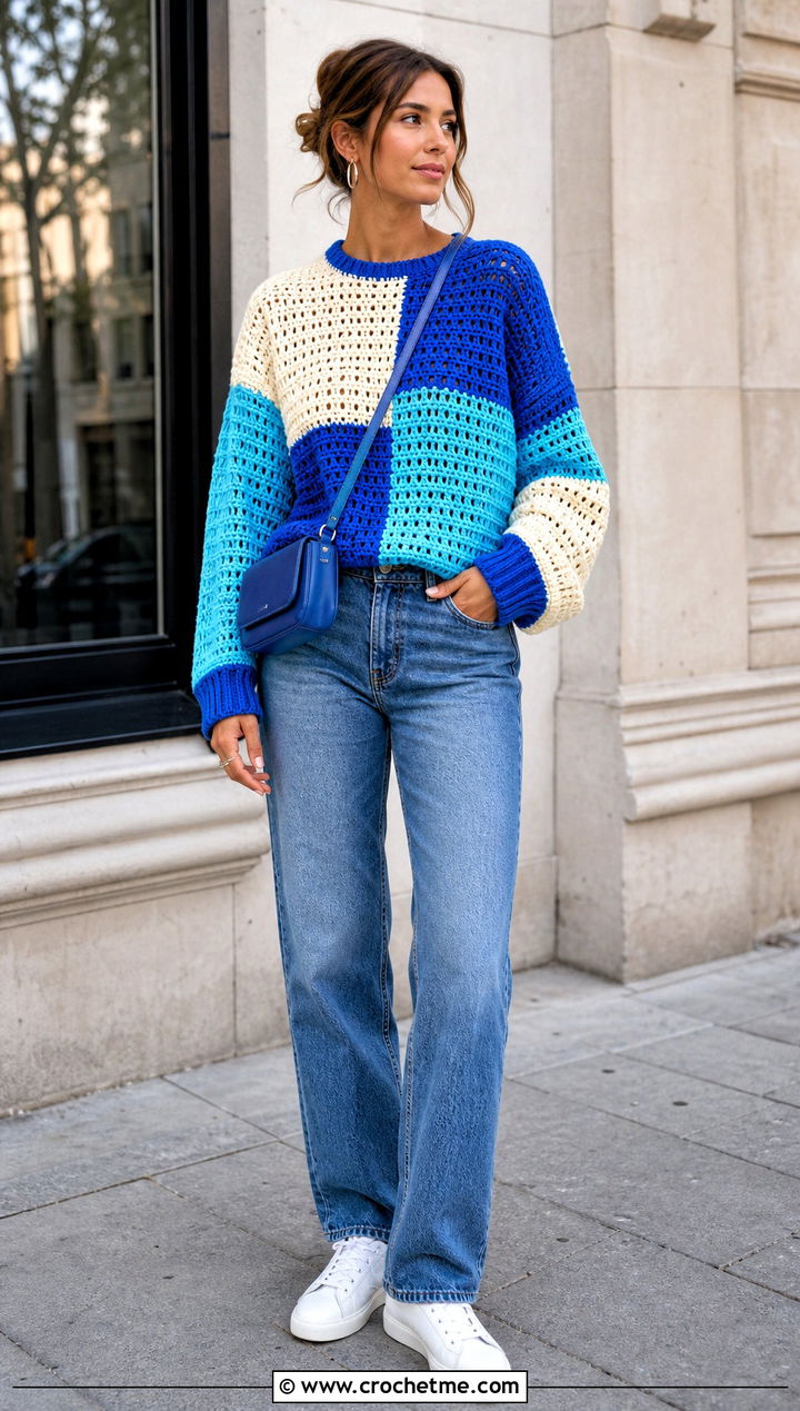 Oversized Patchwork Crochet Colorblock Sweater With Straight Leg Jeans - 30 crochet colorblock sweater outfit ideas