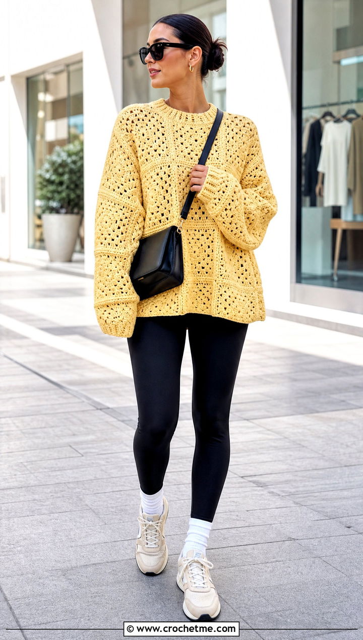 Oversized Patchwork Crochet Square Sweater With Leggings - 35 Crochet Square Sweater outfit ideas