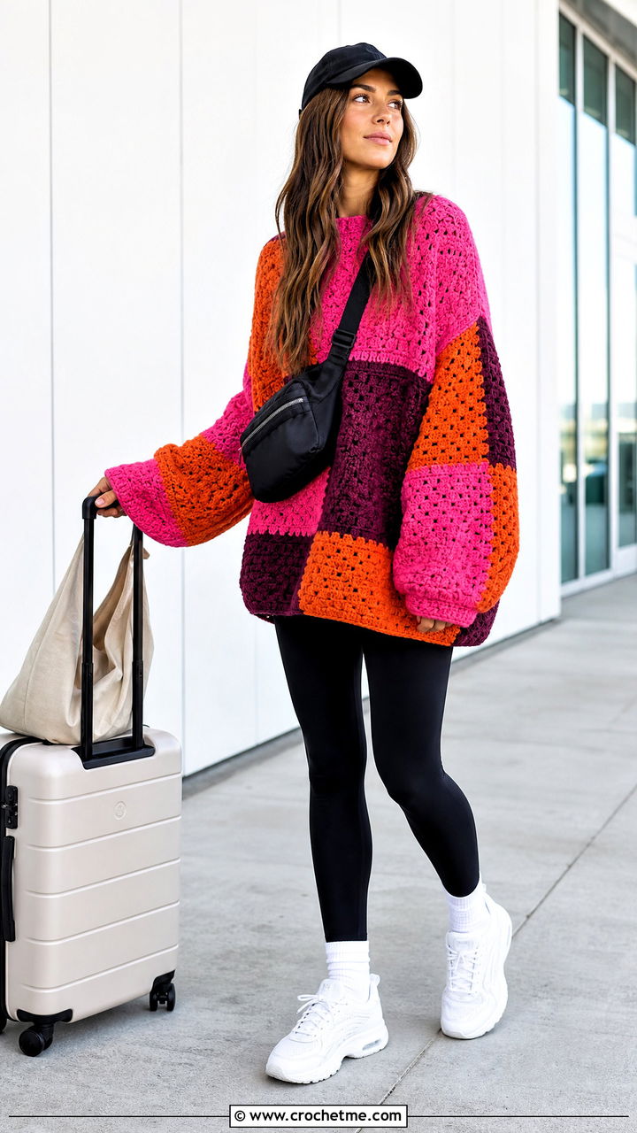Oversized Patchwork Crochet Sweater With Black Leggings - 35 patchwork crochet sweater outfit ideas