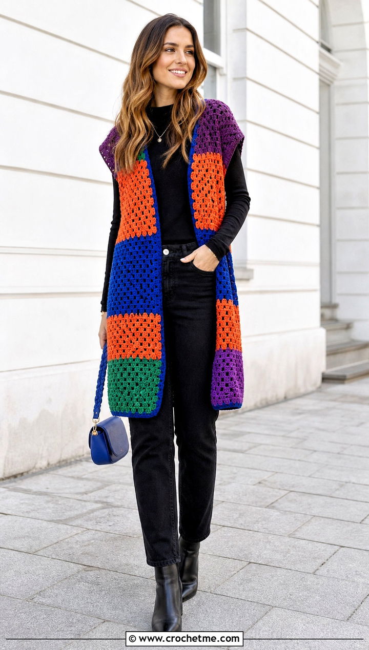 Oversized Patchwork Crochet Vest With Black Basics - 30 oversize crochet vest outfit ideas