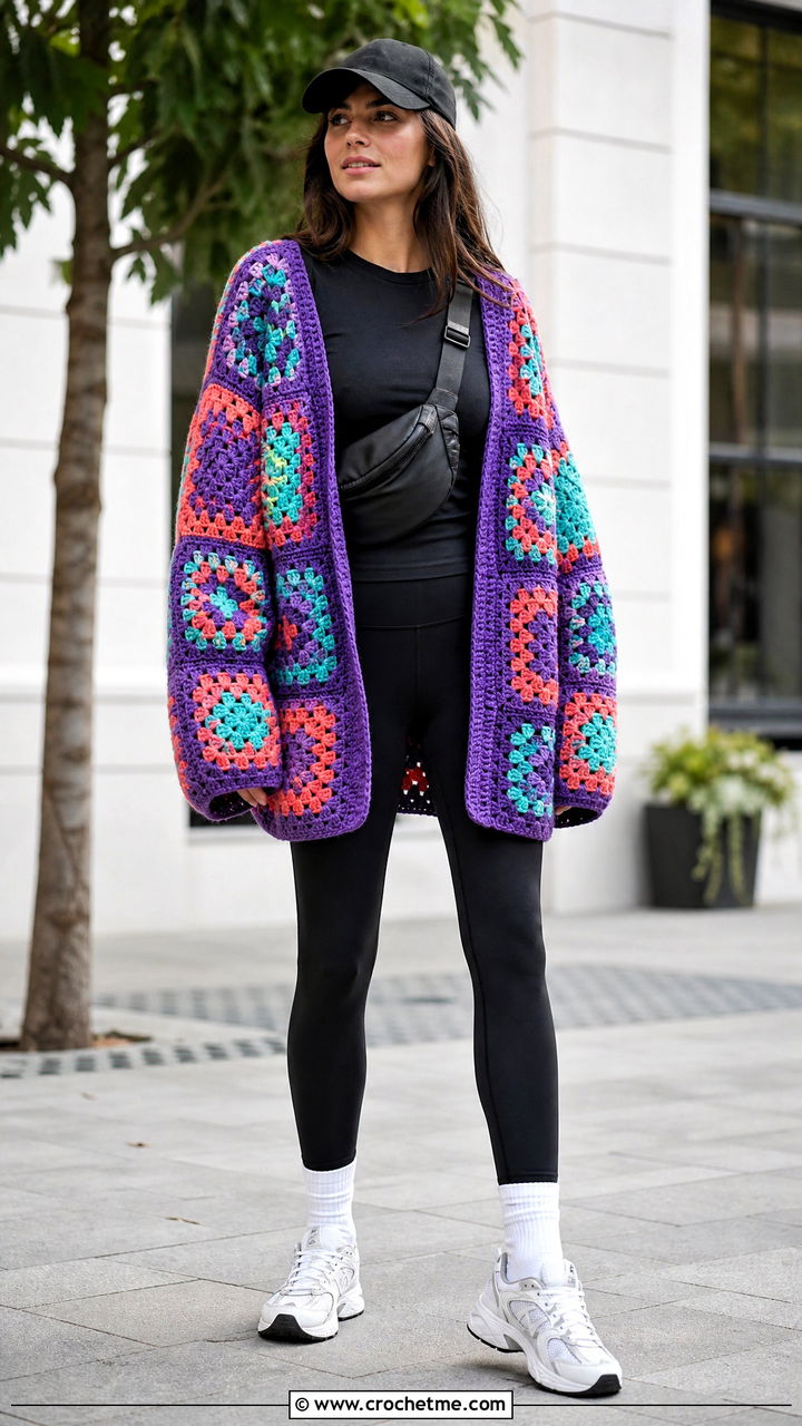 Oversized Patchwork Granny Cardigan With Black Leggings - 35 crochet granny cardigan outfit ideas