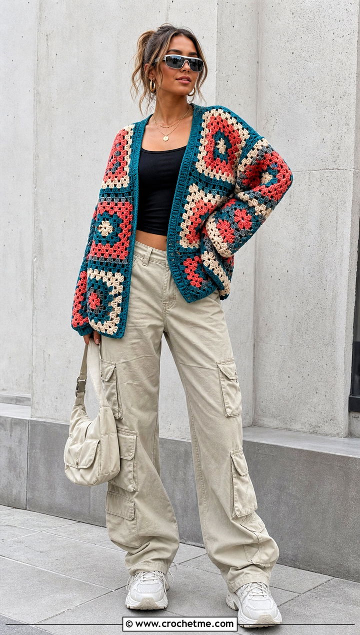 Oversized Patchwork Granny Square Cardigan With Cargo Pants - 15 Granny Square Cardigan Sweaters & Cardigans outfit ideas