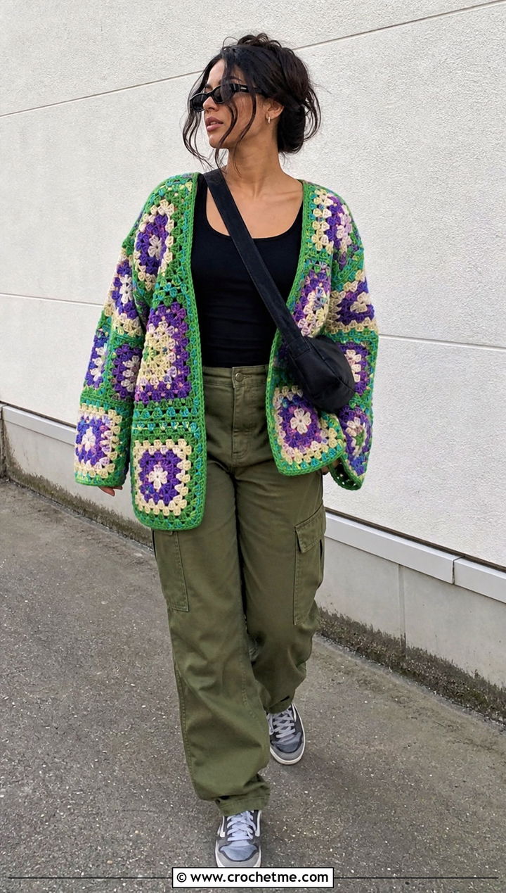 Oversized Patchwork Granny Square Cardigan With Cargo Pants - 25 Two Granny Square Cardigan outfit ideas