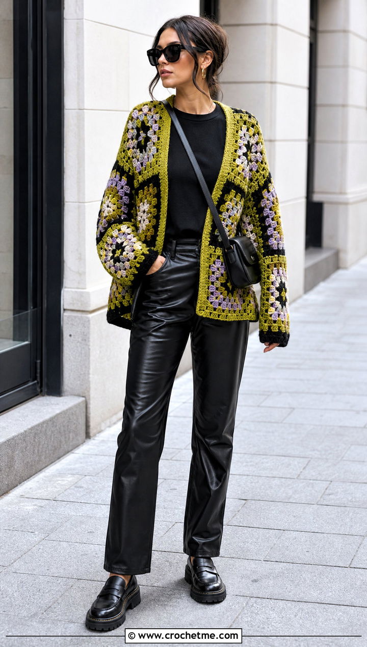 Oversized Patchwork Granny Square Cardigan With Leather Pants - 15 Never Off Granny Square Cardigan outfit ideas