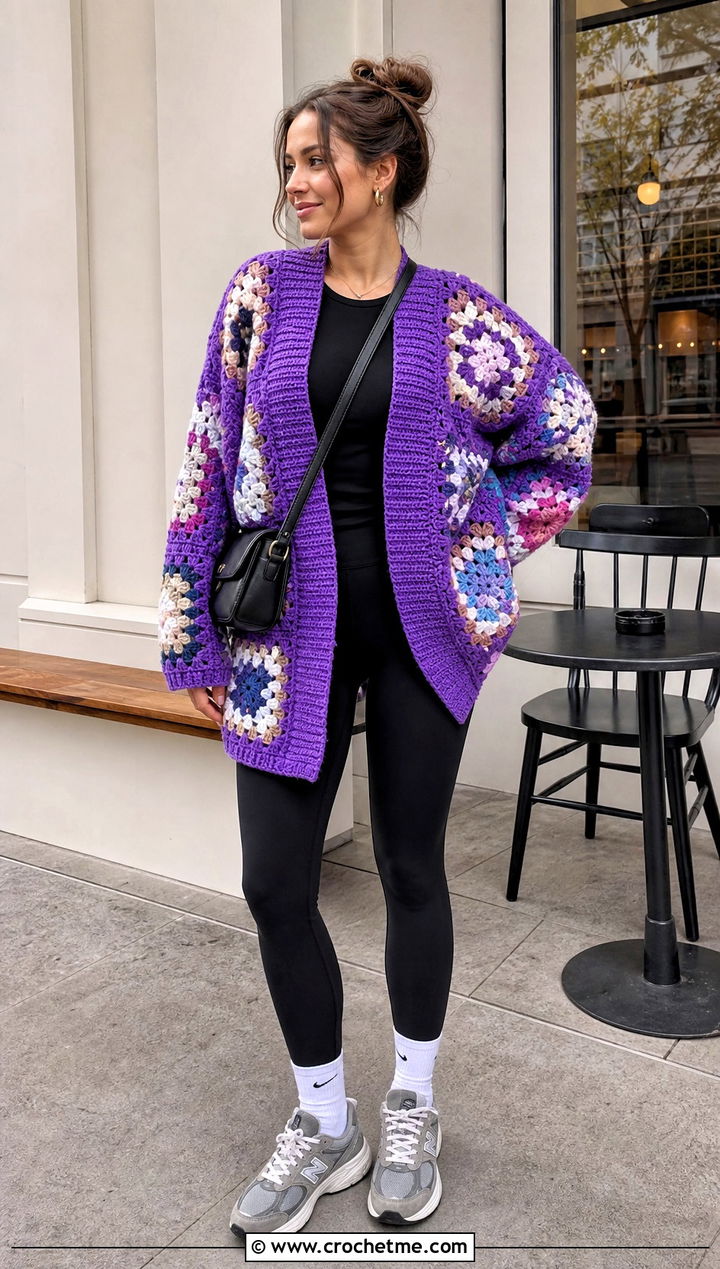 Oversized Patchwork Granny Square Cardigan With Leggings - 25 Crochet Cardigan From Square outfit ideas