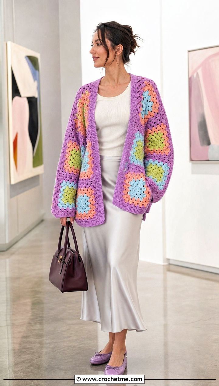 Oversized Patchwork Granny Square Cardigan With Satin Slip Skirt - 25 pastel granny square cardigan outfit ideas