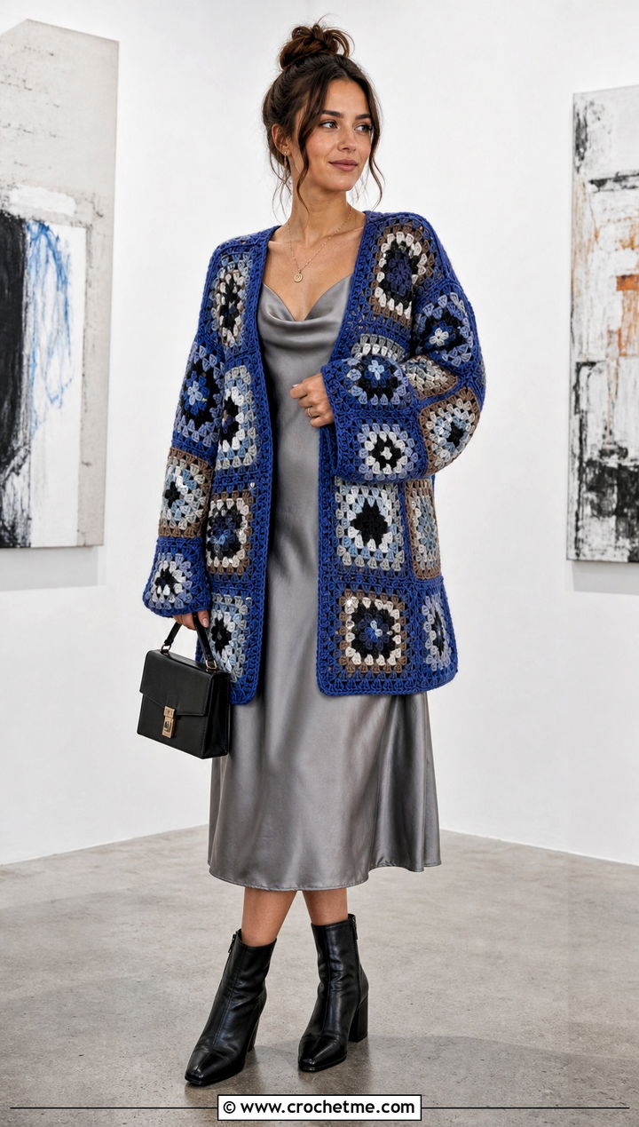 Oversized Patchwork Granny Square Cardigan With Slip Dress - 20 Grant Square Crochet Cardigan outfit ideas