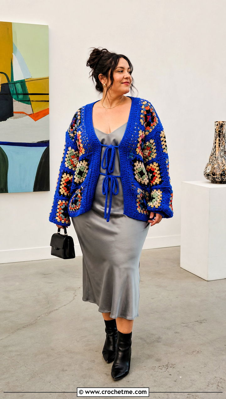 Oversized Patchwork Granny Square Tie Cardigan With Slip Dress - 25 Granny Square Tie Cardigan outfit ideas