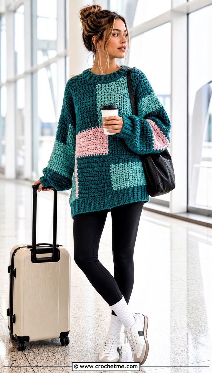 Oversized Patchwork Jumper With Leggings And Sneakers - 15 crochet patchwork jumper outfit ideas