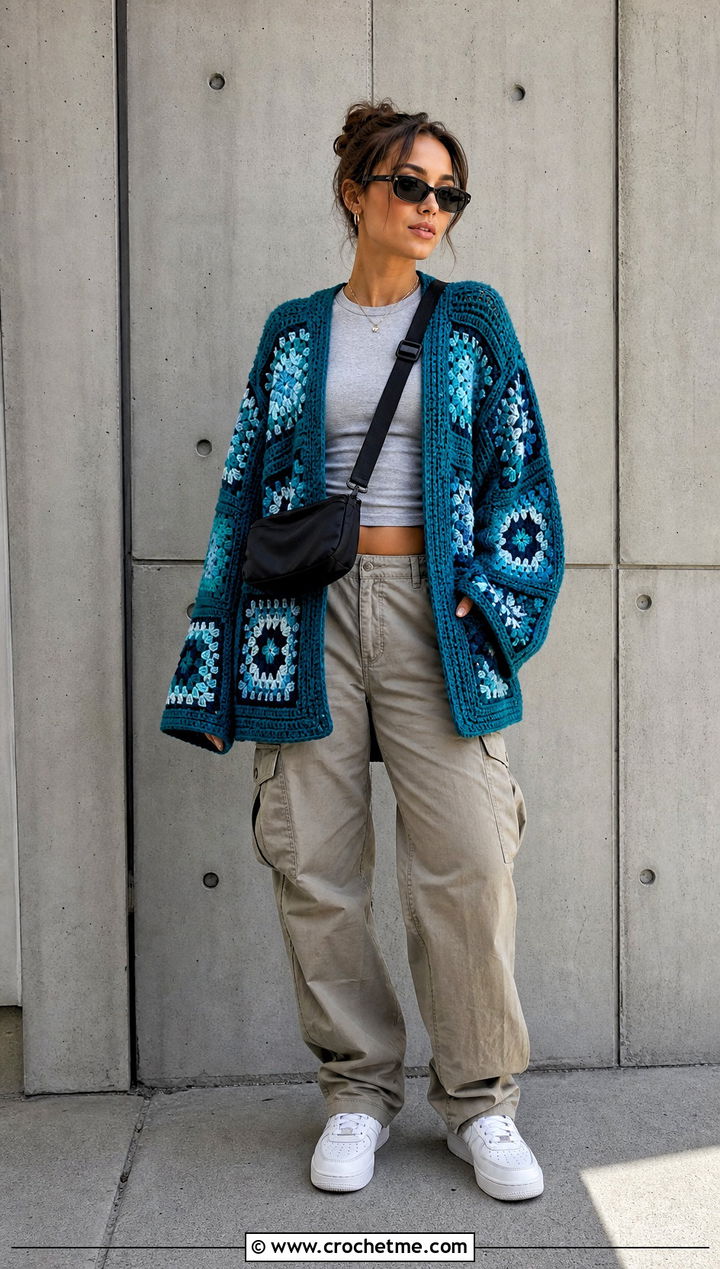 Oversized Patchwork Square Cardigan With Cargo Pants - 30 crochet square cardigan outfit ideas