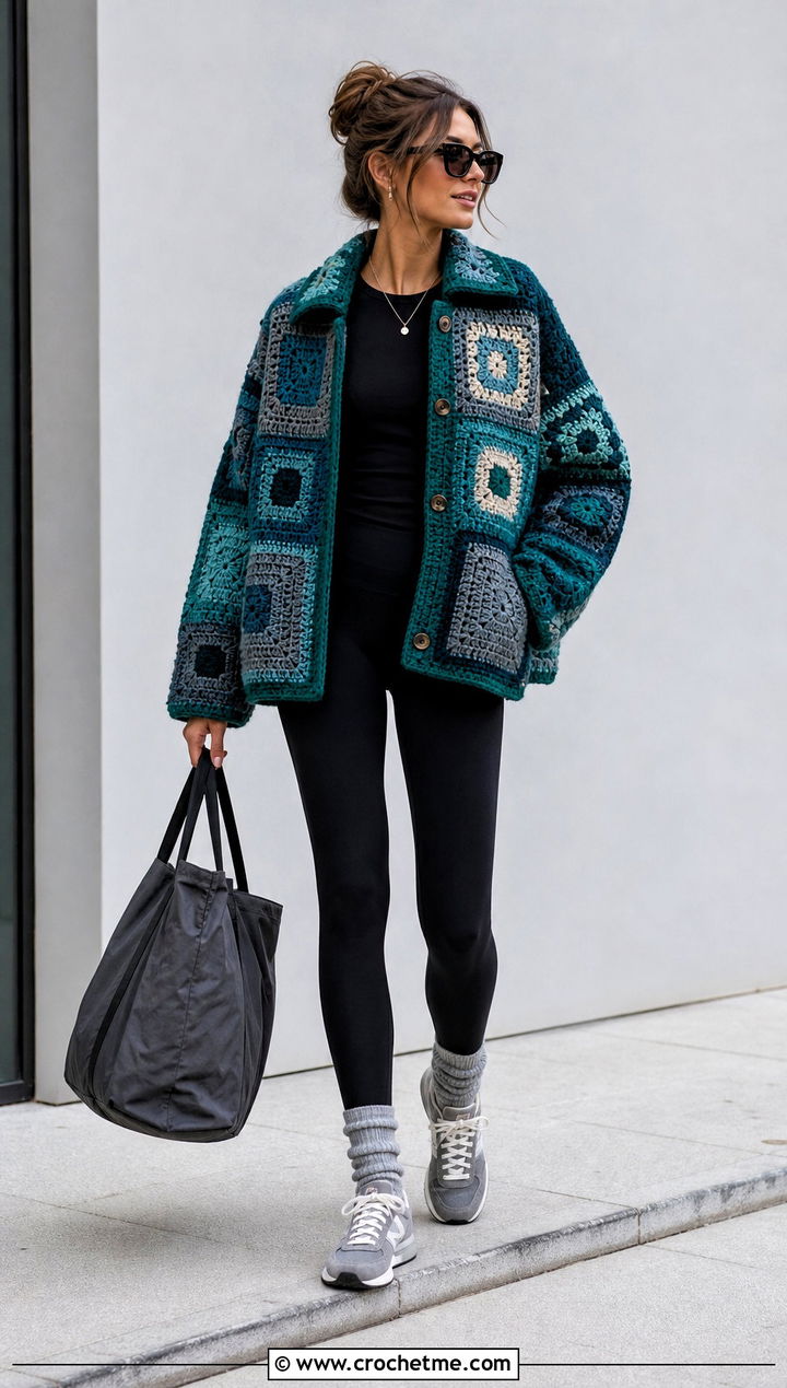 Oversized Patchwork Square Jacket With Leggings - 30 crochet square jacket outfit ideas
