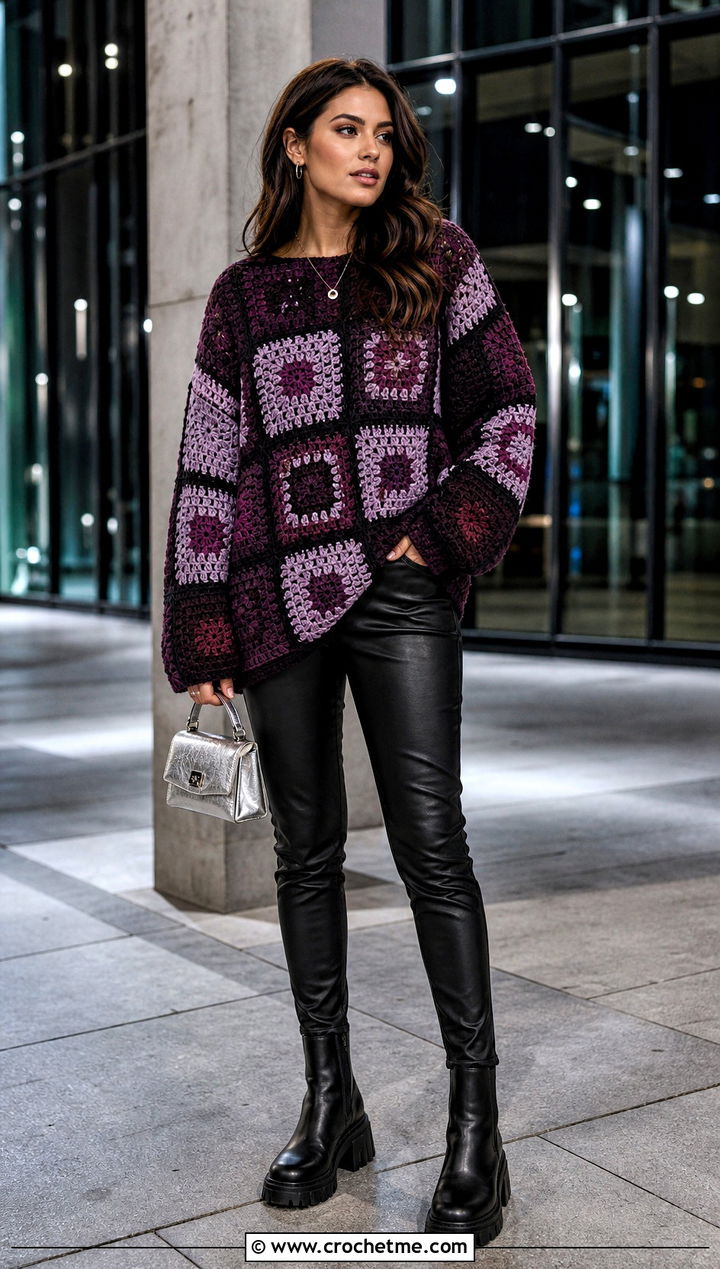 Oversized Patchwork Square Sweater With Leather Pants - 25 Square Crochet Sweater outfit ideas