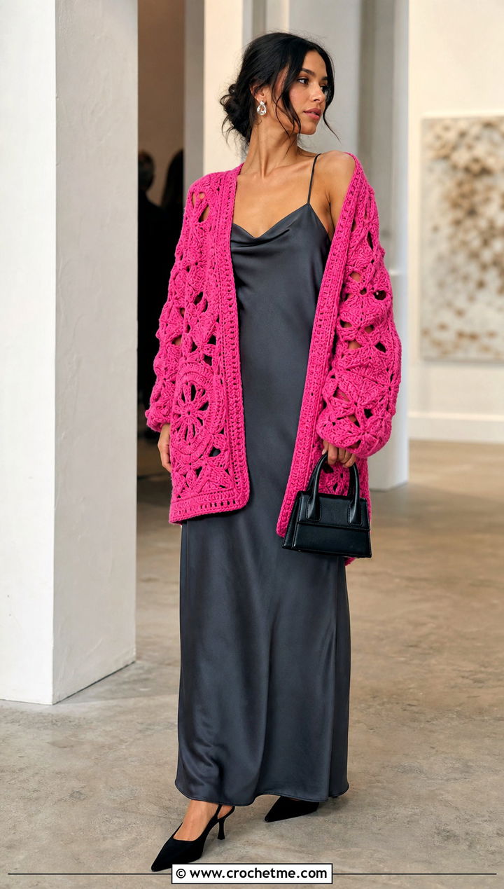 Oversized Pentagon Granny Square Cardigan With Slip Dress - 25 Pentagon Granny Square Cardigan outfit ideas
