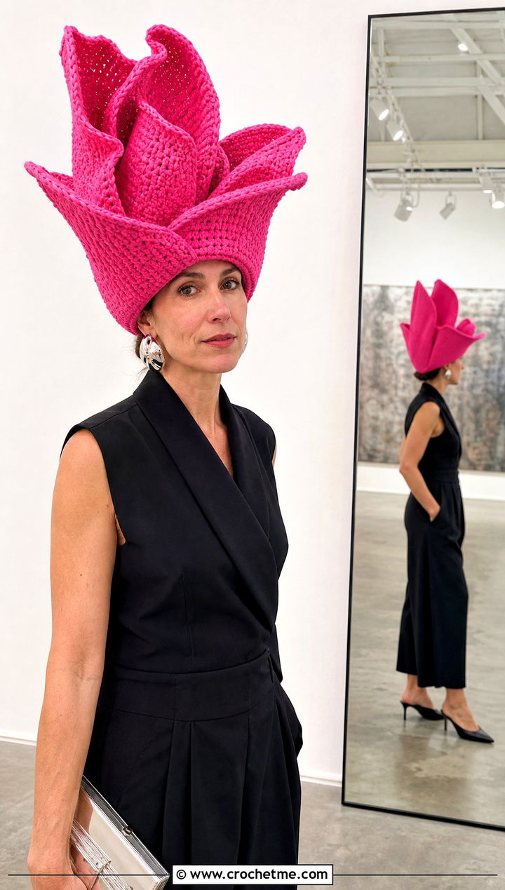 Oversized Petal Tulip Hat With Jumpsuit And Mules - 30 crochet tulip hat outfit ideas
