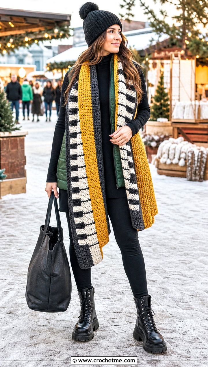 Oversized Piano Blanket Scarf With Leggings - 35 crochet piano scarf outfit ideas