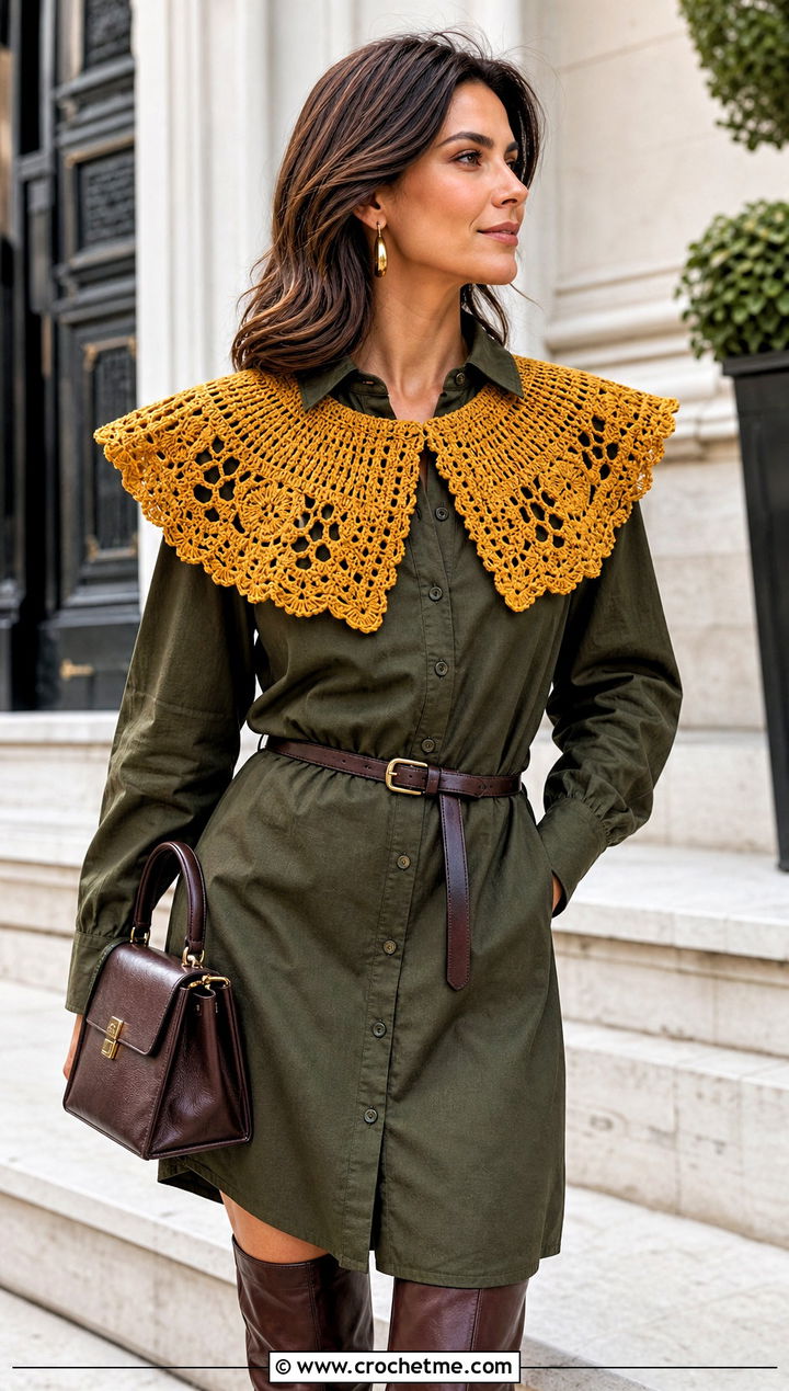Oversized Pilgrim Lace Crochet Collar With Shirt Dress And Boots - 25 Lace Crochet Collar outfit ideas