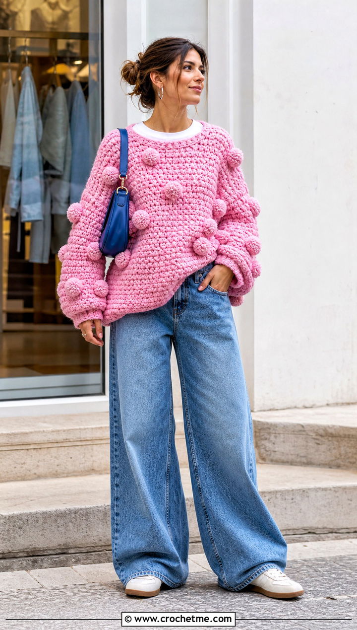 Oversized Pink Crochet Pom Pom Sweater With Wide Leg Jeans - 15 pink crochet sweater with pom poms outfit ideas