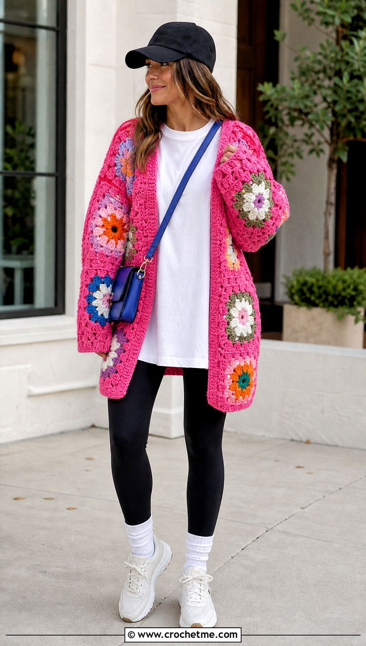 Oversized Pink Granny Square Cardigan With Black Leggings - 35 pink granny square cardigan outfit ideas