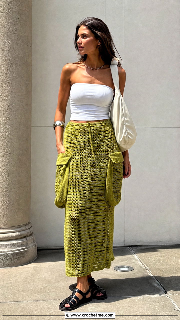Oversized Pocket Crochet Cargo Skirt With Tube Top - 35 crochet cargo skirt outfit ideas
