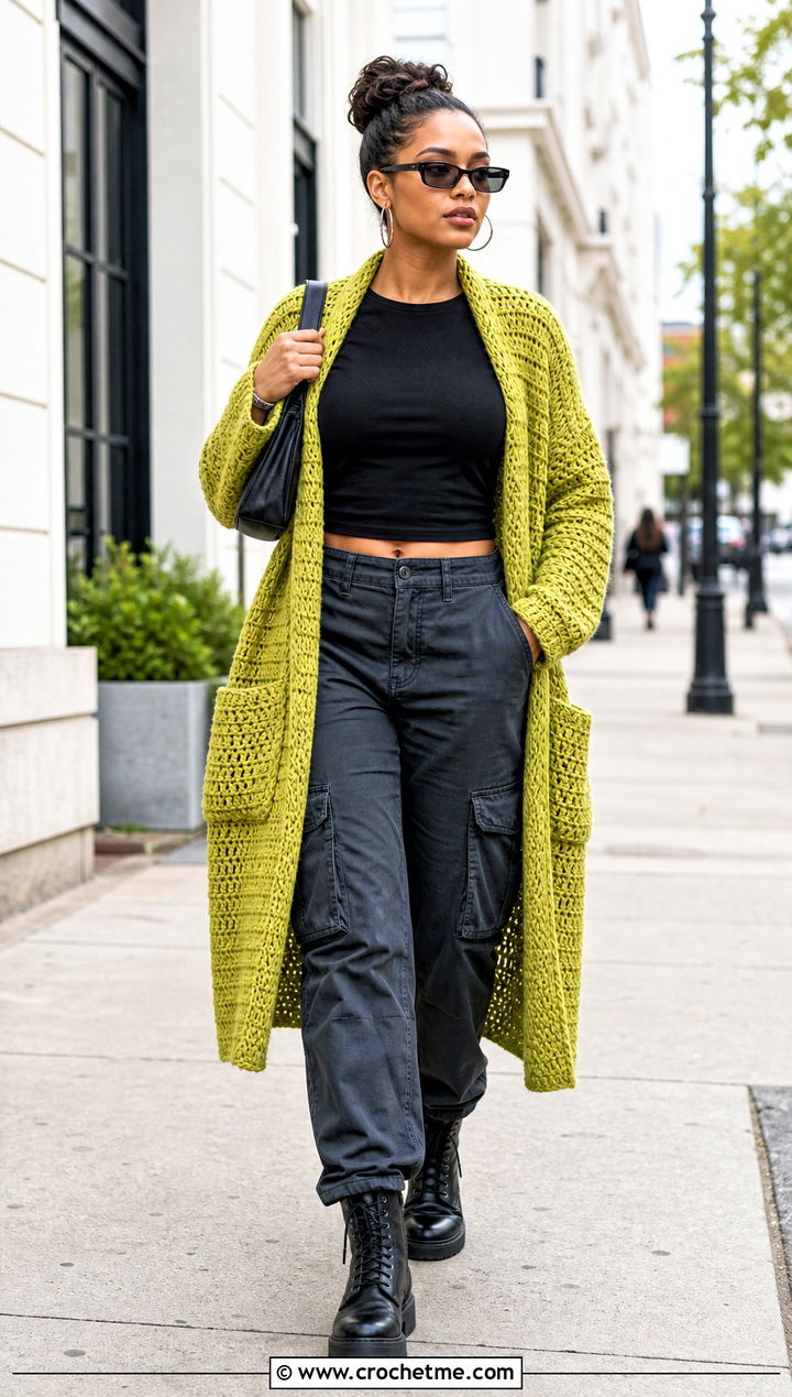 Oversized Pocket Crochet Drape Cardigan With Cargo Pants - 15 Crochet Drape Cardigan outfit ideas