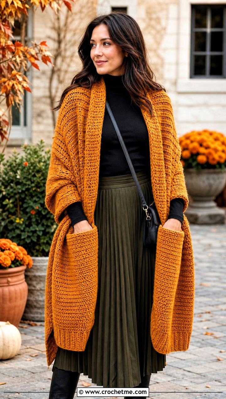 Oversized Pocket Wrap Scarf With Midi Skirt - 25 crochet pocket scarves outfit ideas