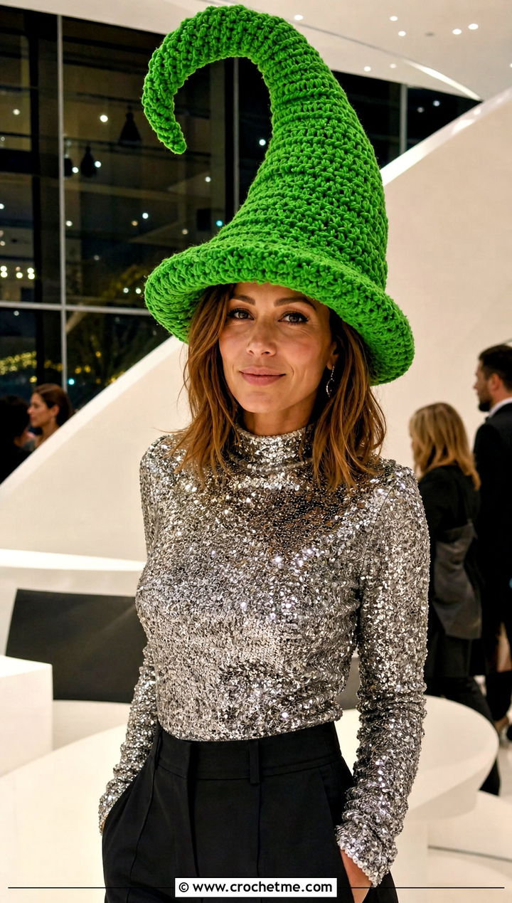 Oversized Pointed Crochet Cindy Lou Who Hat With Sequin Top - 20 Crochet Cindy Lou Who Hat outfit ideas