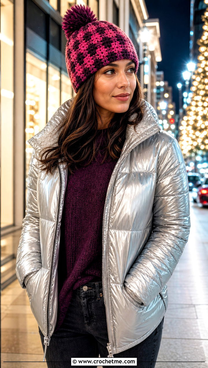 Oversized Pom Buffalo Plaid Crochet Hat With Metallic Puffer And Dark Jeans - 20 Buffalo Plaid Crochet Hat outfit ideas