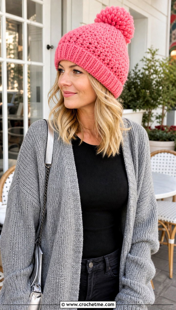 Oversized Pom Crochet Bobble Hat With Long Cardigan - 30 crochet bobble hat outfit ideas
