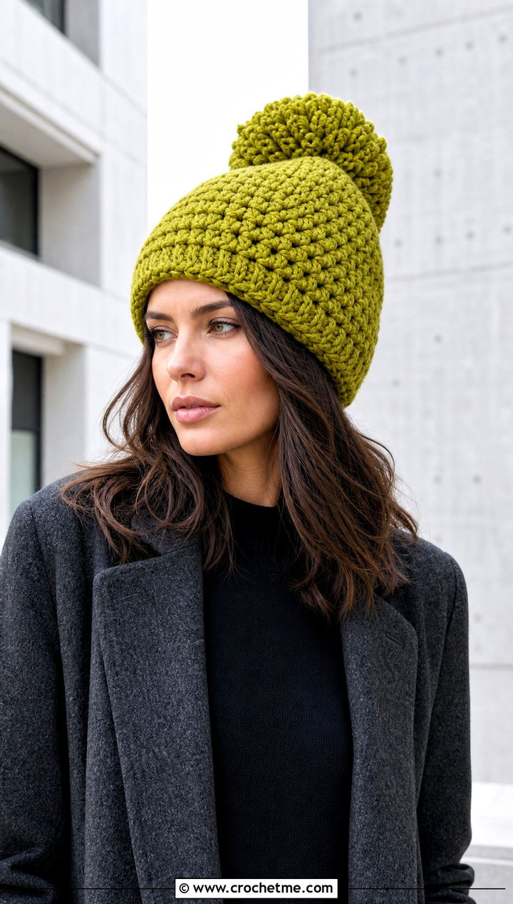 Oversized Pom Pom Beanie With Long Coat - 30 crochet beanie with pom pom outfit ideas
