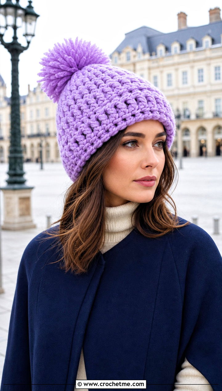 Oversized Pom Pom Bulky Crochet Beanie With Cape Coat - 30 bulky crochet beanie outfit ideas