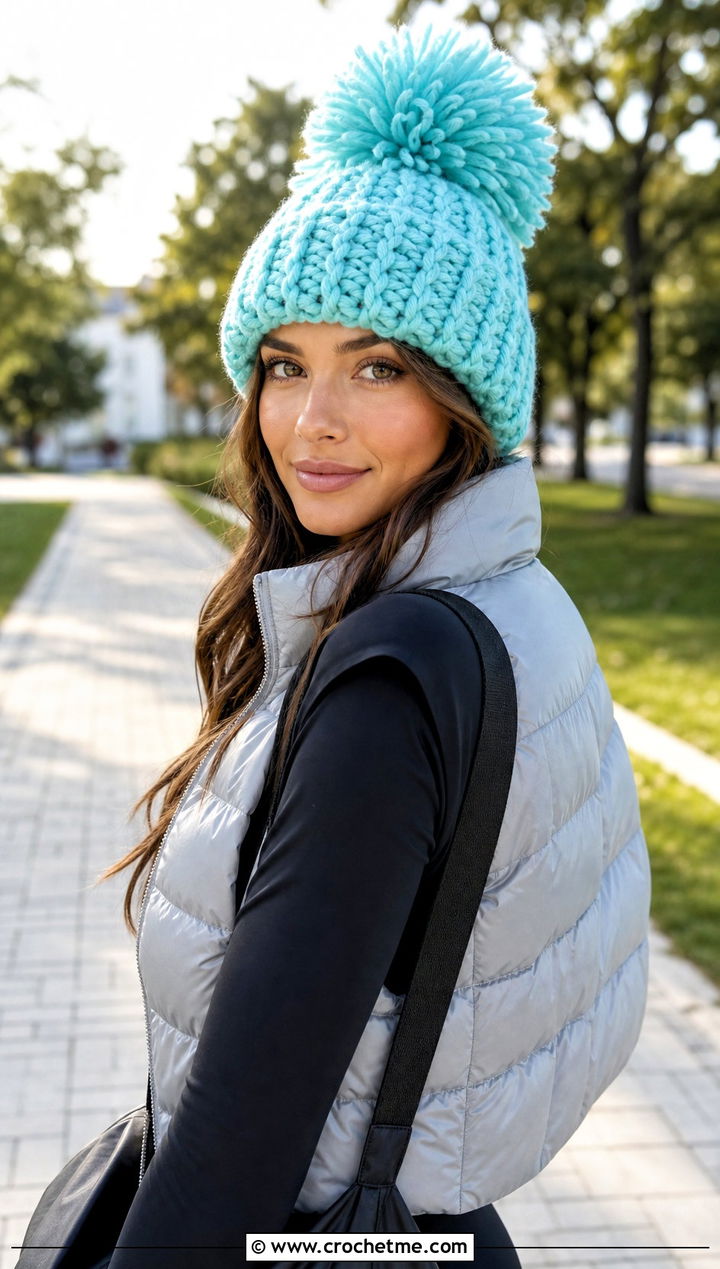 Oversized Pom Pom Crochet Beanie With Puffer Vest And Flared Leggings - 30 crochet hat with pom pom outfit ideas