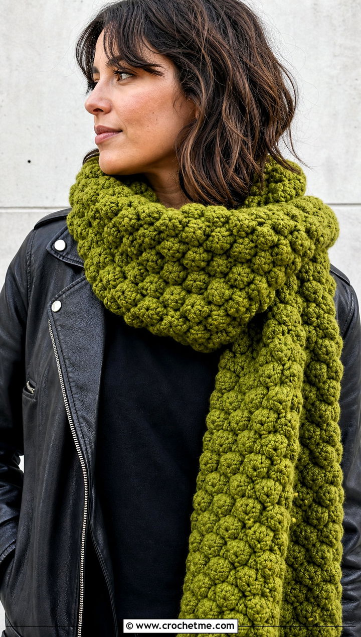 Oversized Popcorn Crochet Blanket Scarf With Leather Jacket - 25 Popcorn Crochet Scarf outfit ideas
