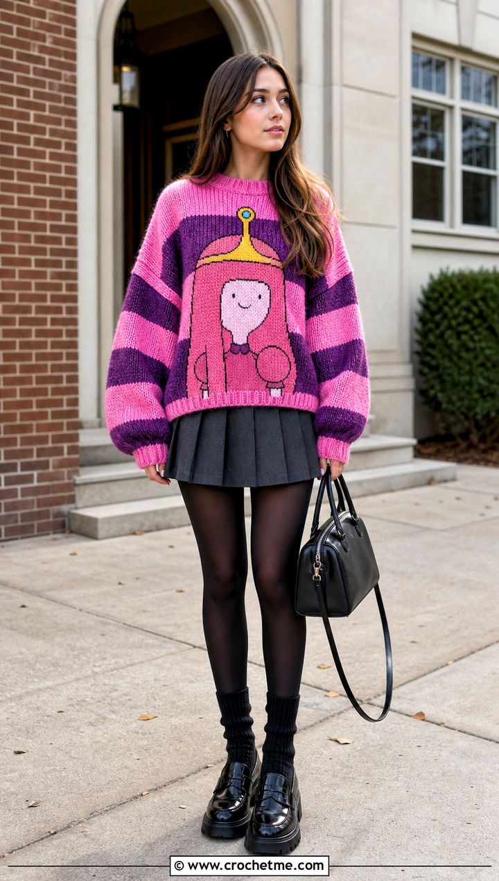 Oversized Princess Bubblegum Crochet Sweater With Pleated Mini Skirt - 15 Crochet Princess Bubblegum Sweater outfit ideas