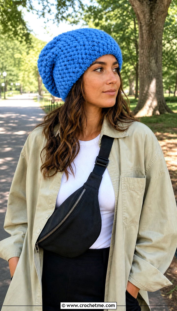 Oversized Puff Stitch Beanie With Overshirt And Bike Shorts - 25 crochet puff stitch beanie outfit ideas