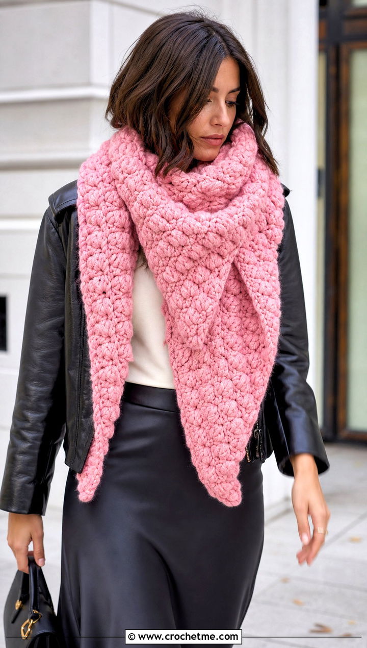 Oversized Puff Stitch Blanket Scarf With Leather Jacket - 15 Playful Puffs Crochet Scarf outfit ideas