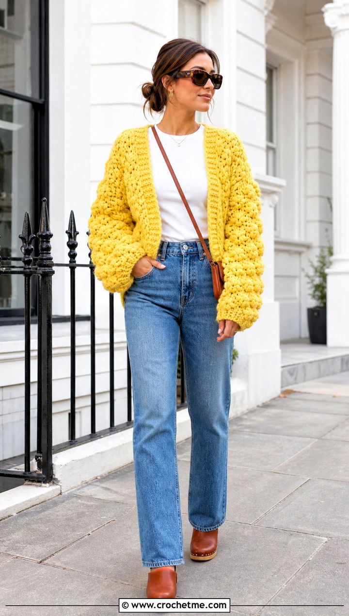 Oversized Puff Stitch Couch Crochet Cardigan With Straight Leg Jeans - 15 Couch Crochet Cardigan outfit ideas