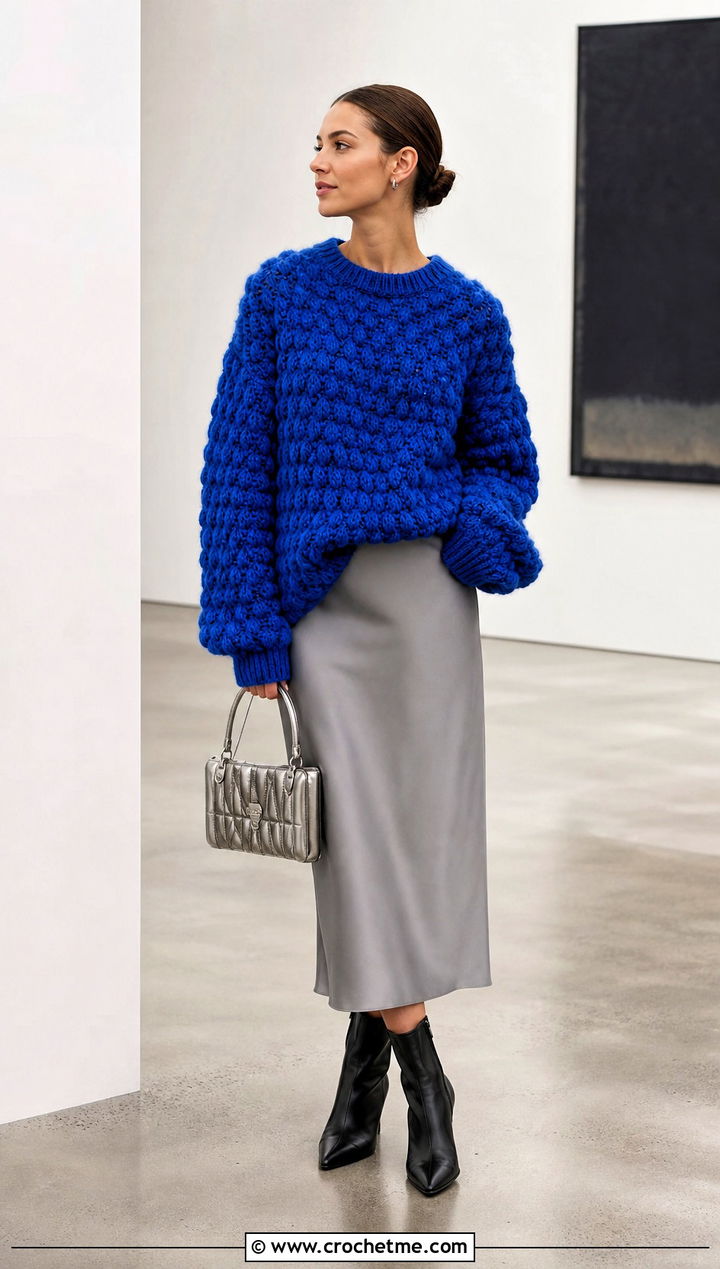 Oversized Puff Stitch Sweater With Satin Midi Skirt - 20 Crochet Puff Stitch Sweater outfit ideas