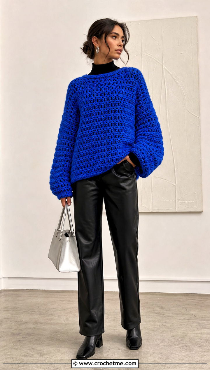 Oversized Pullover Crochet Sweater With Leather Pants - 30 Pullover Crochet Sweater outfit ideas