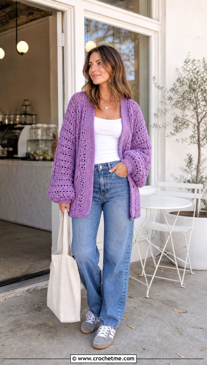 Oversized Purple Crochet Cardigan With Straight Leg Jeans - 35 purple crochet cardigan outfit ideas