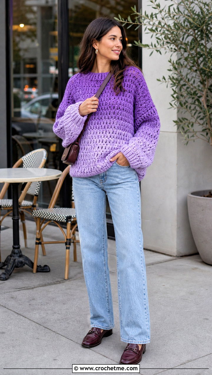 Oversized Purple Ombre Crochet Crewneck Sweater With Straight Jeans - 15 purple ombre crochet sweater outfit ideas