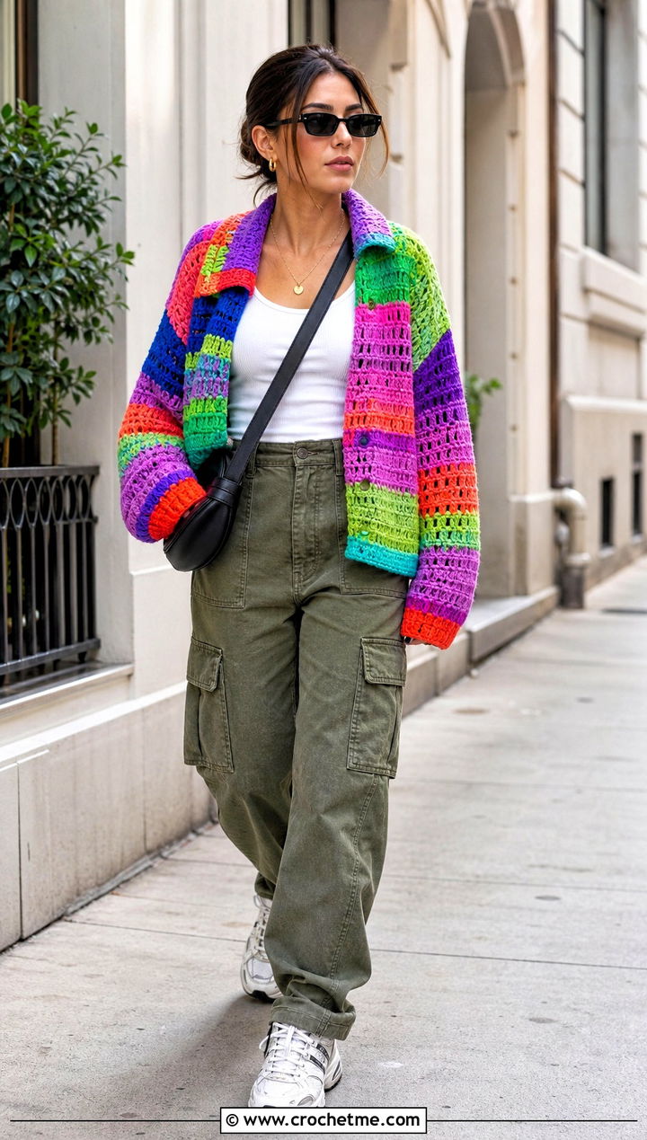 Oversized Rainbow Crochet Sweater With Cargo Pants - 15 bright rainbow crochet sweater outfit ideas