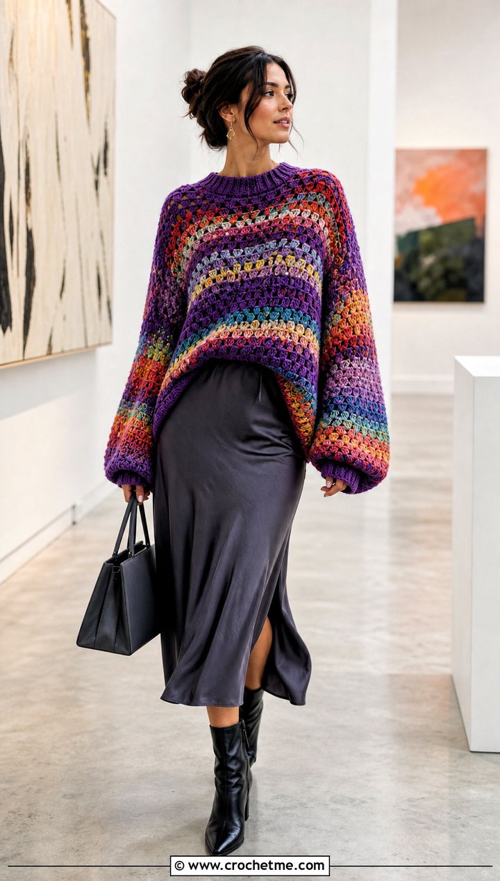 Oversized Rainbow Crochet Sweater With Satin Midi Skirt - 20 Rainbow Crochet Sweater outfit ideas